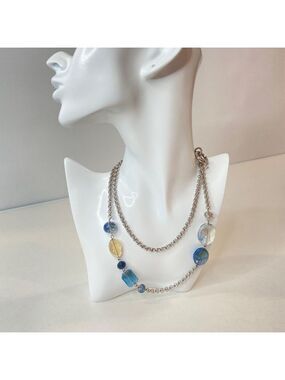 Y2K Two-Strand Silver Chain Necklace With Blue & Clear Beads 18 Inches Long